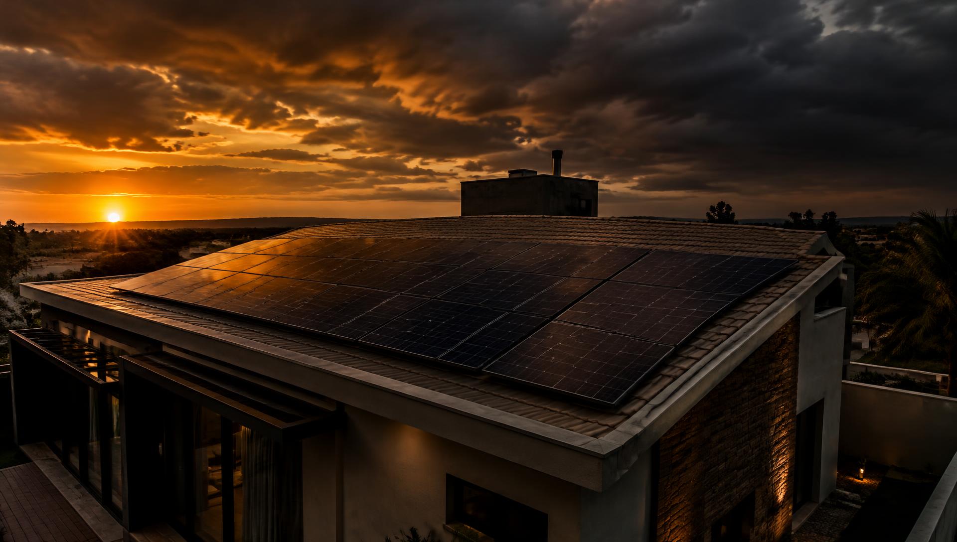 Placas solares em telhado ao pôr do sol